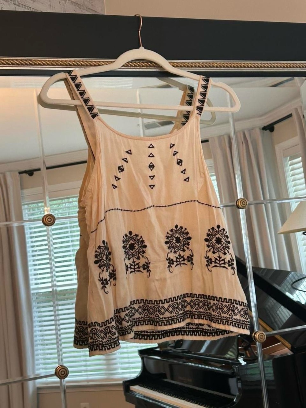 Boho Cream Tank with Black Embroidered Floral Trim